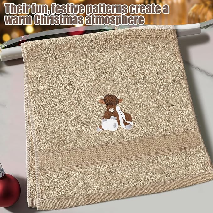 3 Pcs Highland Cow Hand Towels for Bathroom Kitchen Decor Gifts | Embroidered Highland Cow Design, 100% Cotton, Farmhouse Bathroom Kitchen Decor, Absorbent Towels, Holiday Housewarming Gifts