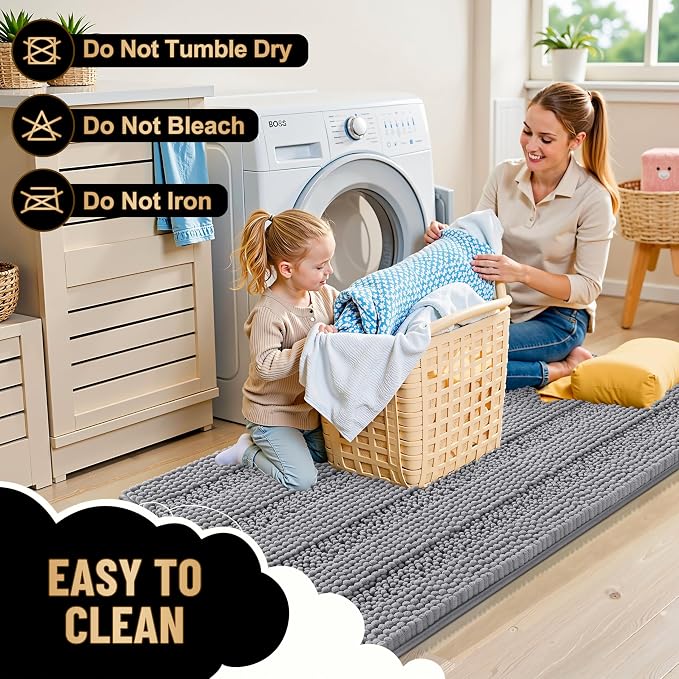 OLANLY Thick Chenille Bathroom Rugs Sets 3 Piece, 36"x24"+24"x16"+24"x20" | Grey, Absorbent Striped Bath Mats and U-Shaped Contour Toilet Rug, Home Decor Accessories, Bath Mat Set for Bathroom