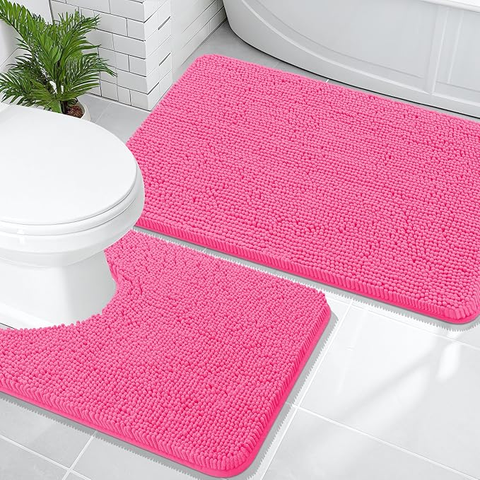 OLANLY Chenille Bathroom Rugs Mats Sets 2 Piece, 36"x24"+24"x20", Hot Pink | Soft Absorbent Bath Mat and U-Shaped Contour Toilet Rug Set, Quick Dry, Machine Washable Bath Carpet, Home Decor Accessories