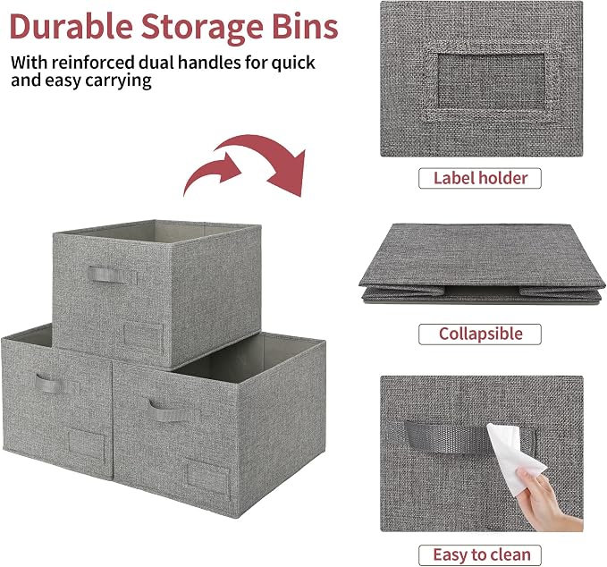 GRANNY SAYS Closet Storage Bins, Fabric Bins with Label Holder, Shelf Baskets for Organizing, Wardrobe Clothes Storage Boxes, Dark Gray, Large, 3-Pack