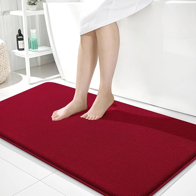 OLANLY Memory Foam Bathroom Runner Rug 44x24, Absorbent Long Bath Mat, Red | Soft Quick Dry Bath Rugs, Non-Slip Carpet, Machine Washable Mat for Bathroom Floor, Tub and Shower, Home Decor Accessories