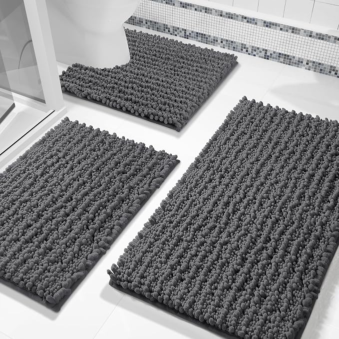 Yimobra Bathroom Rug Set 3 Piece, Super Absorbent Bath Mat Set, Dark Gray | Quick Dry Soft Chenille Bath Rugs & Toilet Rug, Non Slip Machine Washable, Extra Thick Shaggy Floor Mat for Shower Tub Sink
