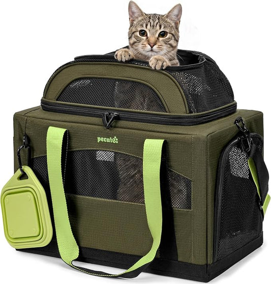 Pecute Cat Carrier,Top Expandable Dog Crate for Travel, Green | 5mm Anti-Collapse Steel Frame, Soft Mesh, Vet Visits, Foldable Travel Crate,Outdoor Hammock, Leakproof Pee Pad & Bowl