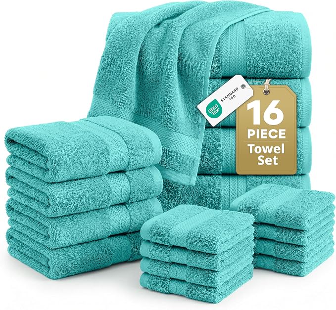 LANE LINEN Towel Set 16 Piece Soft Absorbent Quick Dry 100% Cotton - Teal | Dorm Towel Set - Terry Weave Comfort, Soft & Long-Lasting, Hotel-Style Look, Gets Softer With Every Wash, Machine Washable