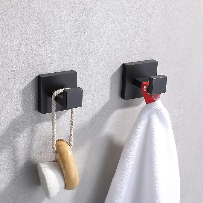 Wall Towel Hooks Matte Black Bathroom Bath Towel Hook Stainless Steel, Square Towel Robe Coat Hook Wall Mounted Toilet Kitchen Heavy Duty Door Hanger 4 Pack