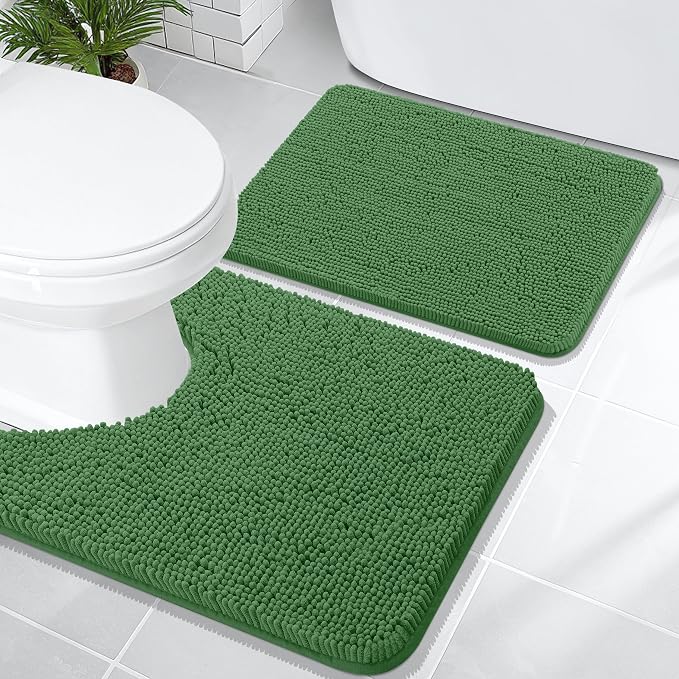 OLANLY Chenille Bathroom Rugs Sets 2 Piece, 24"x16"+24"x20", Olive Green | Soft Absorbent Bath Mat and U-Shaped Contour Toilet Rug Set, Quick Dry, Machine Washable Bath Carpet, Home Decor Accessories