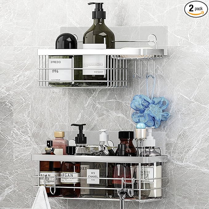 KESOL Shower Caddy and Soap Dish with Hooks Shower Shelf Organizer, No Drilling Adhesive Wall Mounted Bathroom Shelf, Rust Resistant Stainless Steel (2 Pack), Silver