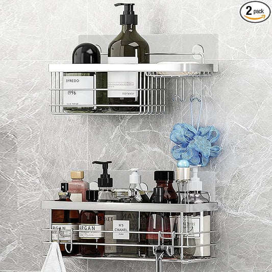 KESOL Shower Caddy and Soap Dish with Hooks Shower Shelf Organizer, No Drilling Adhesive Wall Mounted Bathroom Shelf, Rust Resistant Stainless Steel (2 Pack), Silver