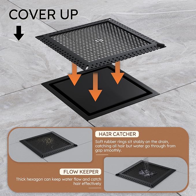 6 Inch Square Black Shower Drain with Flange,Modern Floor Drain with 2-in-1 Cover Tiled Insert Grate,SUS 304 Stainless Steel