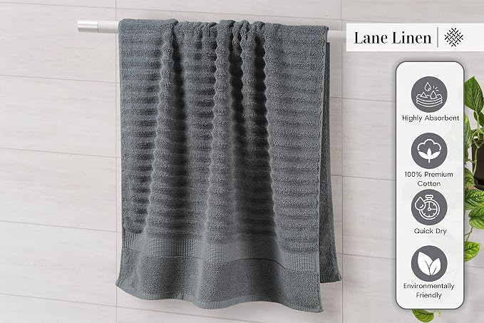 LANE LINEN Large Bath Towel Set Absorbent Quick Dry 100% Cotton Soft - Grey | Cotton Towels - Fade-Resistant Color, Classic Terry Weave, Densely Woven, Coordinated Colors, Dobby Border Accent