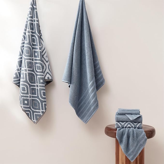 Modern Threads 6 Piece Bath Towel Set – Bathroom Set with 2 Bath Towels, 2 Hand Towels, and 2 Wash Cloths – 100% Cotton, Super Absorbent & Extra Soft – Reversible Classic Diamond (Blue)