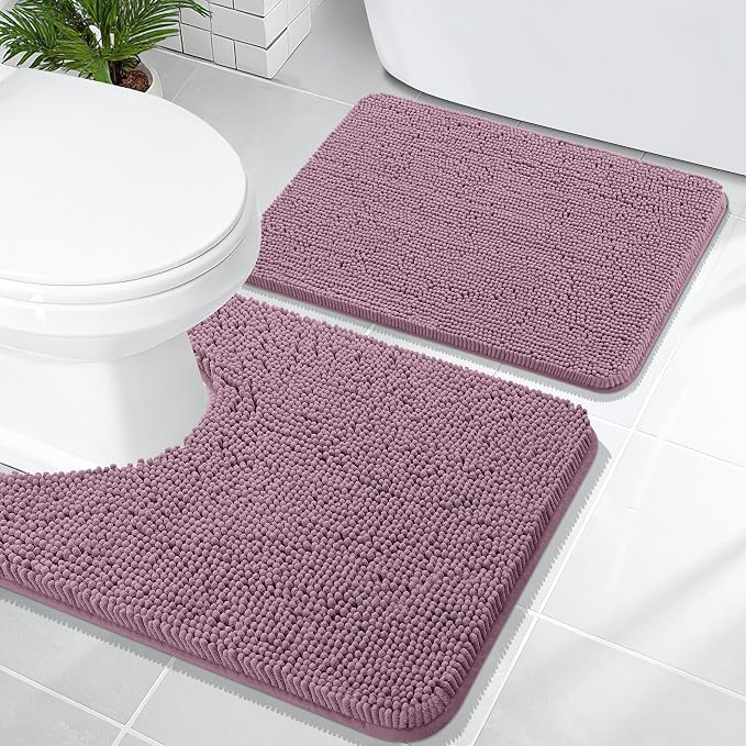 OLANLY Chenille Bathroom Rugs Mats Sets 2 Piece, 24"x16"+24"x20", Deep Plum | Soft Absorbent Bath Mat and U-Shaped Contour Toilet Rug Set, Quick Dry, Machine Washable Bath Carpet, Home Decor Accessories