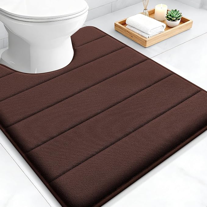 OLANLY Memory Foam Toilet Rugs U Shaped 24x20, Super Soft and Absorbent | Brown, Quick Dry Commode Contour Bath Rugs, Machine Washable Toilet Mat, Comfortable Bathmat Carpet for Bathroom Floor
