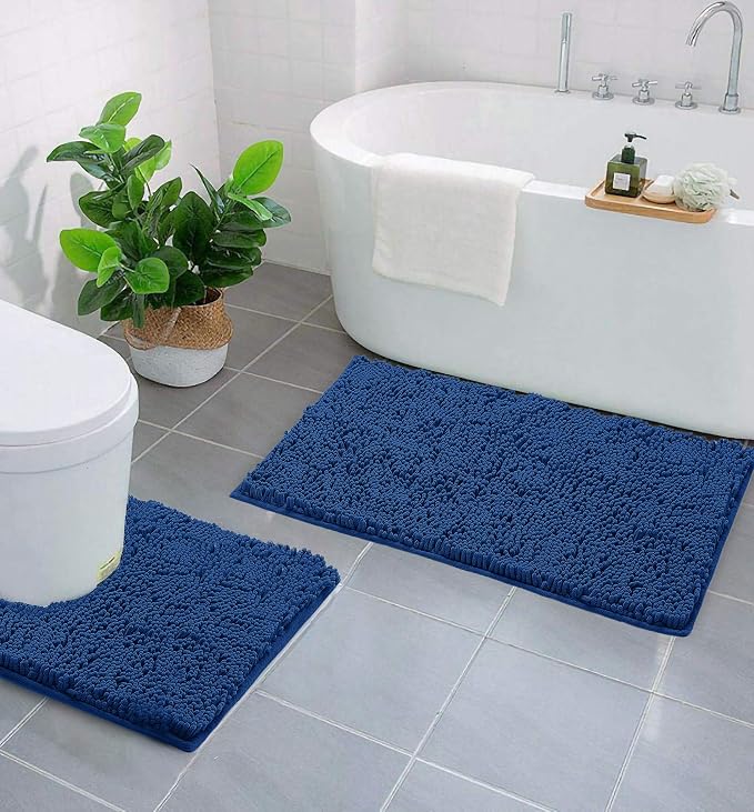 Bathroom Rugs Sets 2 Piece, Luxury Chenille Bath Mat Set, Soft Plush Anti-Slip Bath Rug + U-Shaped Toilet Mat. Microfiber Shaggy Carpet, Super Absorbent. (31''x 20'' Plus 20'' x 20'' U, Blue)