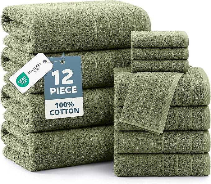 Casa Platino Towel Set for Bathroom 12 Piece Soft Absorbent - Oil Green | Shower Towels - Oversized & Roomy, Lightweight & Breathable, Fade-Resistant Color, Classic Terry Weave, Densely Woven