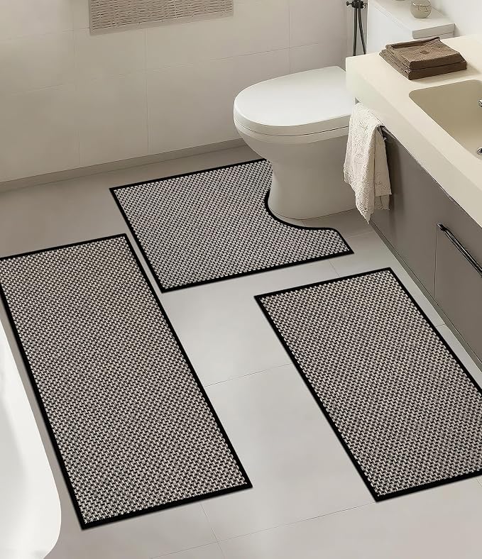 YIHOUSE Thin Bath Mat Black Bathroom Rugs Sets 3 Pieces, Non Slip Absorbent Bath Mats Quick Dry, Woven Braided Rugs Washable, Rubber Tapetes para Baño for Bathroom Toliet,Bathtub