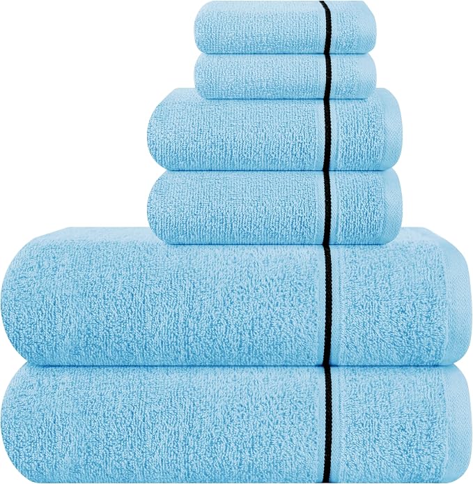 MyOwn Ultra Soft 6 Pack Cotton Towel Set, Contains 2 Bath Towels 28x55 inch, 2 Hand Towels 16x24 inch & 2 Wash Coths 12x12 inch, Ideal Everyday use, Compact & Lightweight - Sky Blue