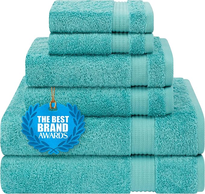 Cotton Paradise 100% Cotton Turkish Towel Set, Soft Absorbent Quick Dry, 6 Piece Towel Set, Turquoise