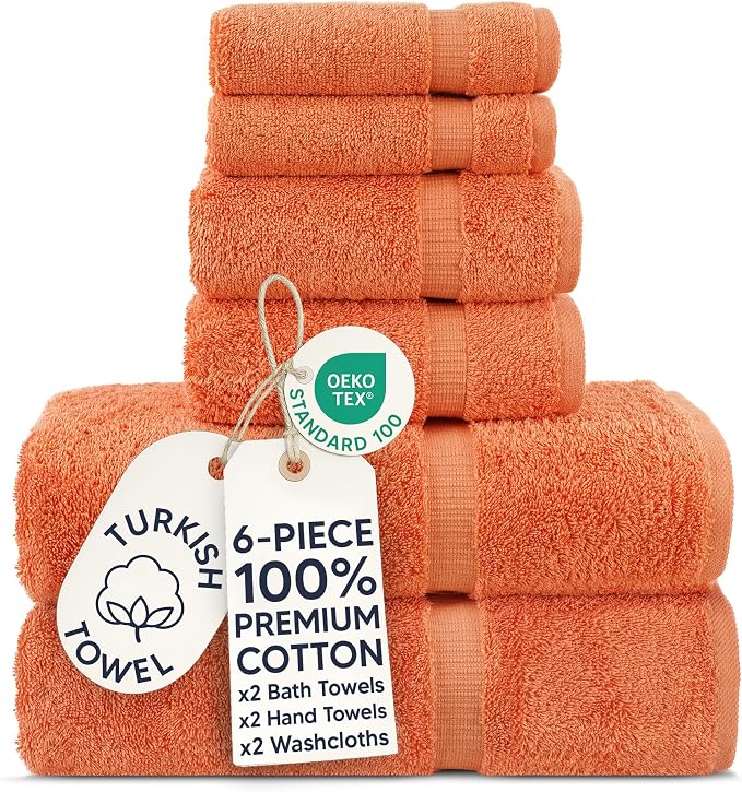 Chakir Turkish Linens 100% Cotton 6-Piece Towel Set, Coral | 100% cotton 6-pc set, OEKO-TEX certified: 2 bath 27x54, 2 hand 16x30, 2 washcloths 13x13