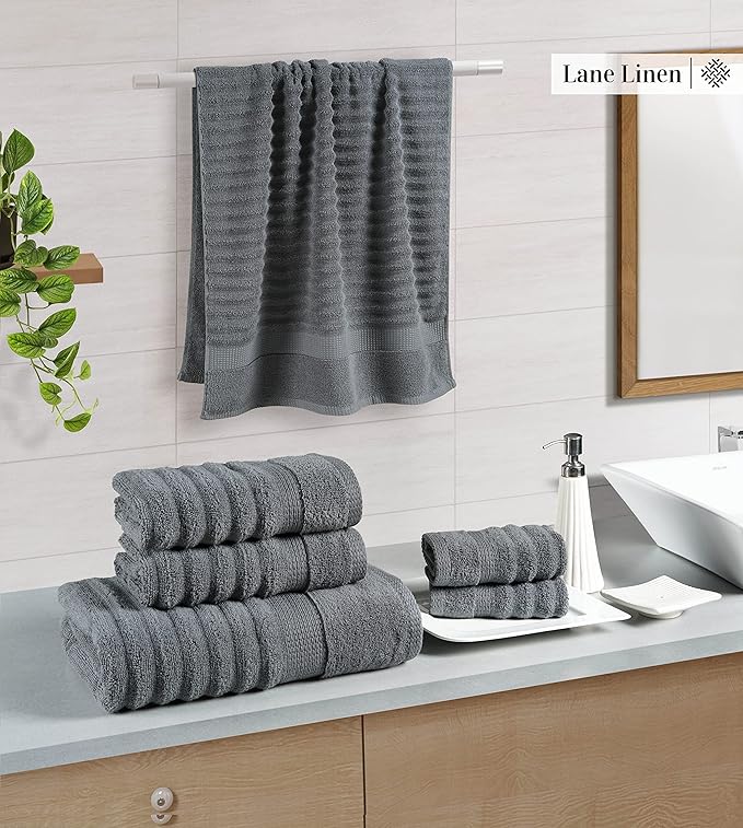 LANE LINEN Large Bath Towel Set Absorbent Quick Dry 100% Cotton Soft - Grey | Cotton Towels - Fade-Resistant Color, Classic Terry Weave, Densely Woven, Coordinated Colors, Dobby Border Accent