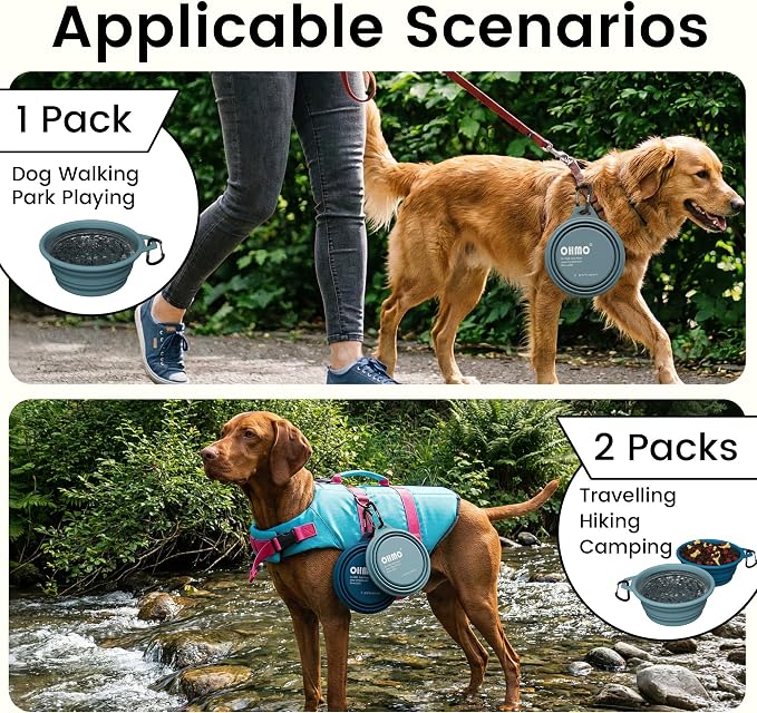 Large Collapsible Dog Bowls, Steel Rim, 27oz, 2pcs, Dark&Light Blue | Portable Pet Water&Food Bowl, BPA-Free Silicone, Foldable, Hiking&Camping Travel Gear, Stable Shape, Easy-Clean