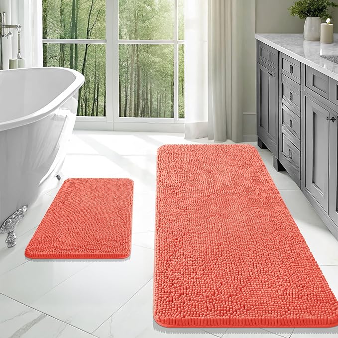 OLANLY Chenille Bathroom Rugs Mats Sets 2 Piece, 47"x20"+24"x16", Coral | Ultra Soft Absorbent Bath Rugs Set, Rubber Backing Non-Slip, Quick Dry, Machine Washable Bath Carpet, Home Decor Accessories