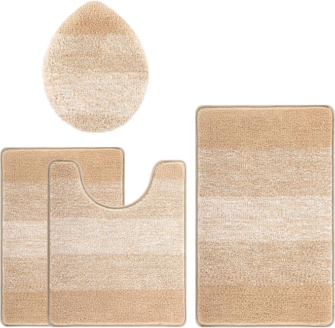 Bsmathom Bathroom Rug Set 4 Piece, Plush Microfiber Bath Mat, Beige | Super Water Absorbent, Non Slip Machine Washable Bath Rug Sets with Toilet Lid Cover and U-shaped Contour Toilet Mat