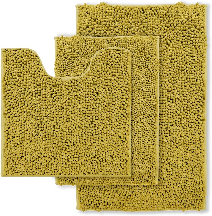 RUN HELIX Bathroom Rugs Sets 3pcs Extra Soft Chenille Mats Non Slip Bath Mat,Absorbent Shaggy Perfect Plush with U-Shaped Toilet Rug,Bathroom Carpets , Golden Yellow, 16〞x24〞&20〞x32〞&20〞x20〞U Shape