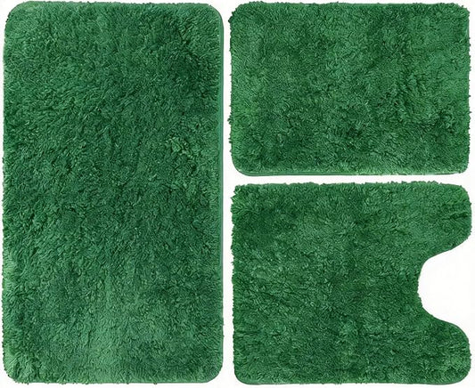 RUN HELIX Bathroom Rugs Set 3 Piece Soft Absorbent Bath Rugs, Microfiber Bath Mats Toilet Rug with Non-Slip Rubber Backing, Bath Rug Sets for Bathrooms, Deep Green