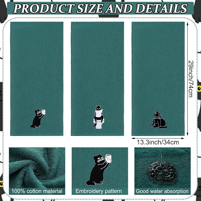 3 Pcs Cat Hand Towels for Bathroom Decor | Embroidered Black Cat Design, 100% Cotton, Halloween Bathroom Kitchen Decor, Absorbent Towels, Holiday Housewarming Gifts