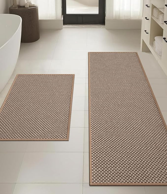 YIHOUSE Thin Bath Mat Khaki Bathroom Rugs Sets 2 Pieces, Non Slip Absorbent Mats Quick Dry, Woven Rugs Washable, Tapetes para Baño for Bathroom Toliet,Bathtub(17"x24"+17"x47")