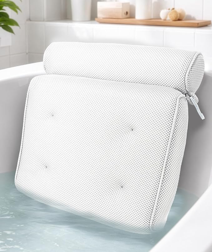 Everlasting Comfort Luxury Bath Pillow for Tub – Quick-Dry 4D Mesh – White | Head/Neck/Back Support, Non-Slip Suction Cups, Machine Washable, Drying Hook, Bath/Spa/Jacuzzi Essentials