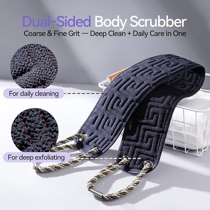 Exfoliating Back Scrubber for Shower, 38 Inch Double-Sided Bath Exfoliator | Back Washer with Handles for Deep Skin Cleansing, Washcloth Towel to Gently Exfoliate & Cleanse Back Effortlessly for Men