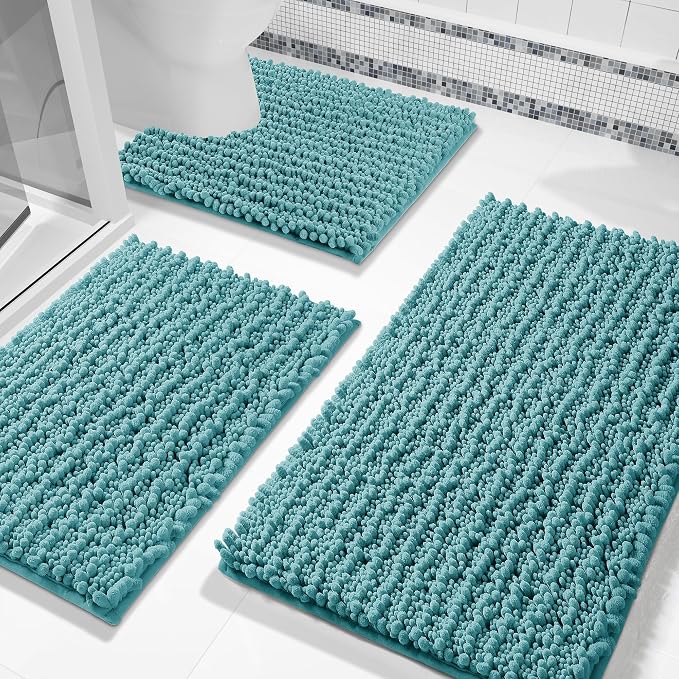 Yimobra Bathroom Rug Set 3 Piece, Super Absorbent Bath Mat Set, Teal Blue | Quick Dry Soft Chenille Bath Rugs & Toilet Rug, Non Slip Machine Washable, Extra Thick Shaggy Floor Mat for Shower Tub Sink