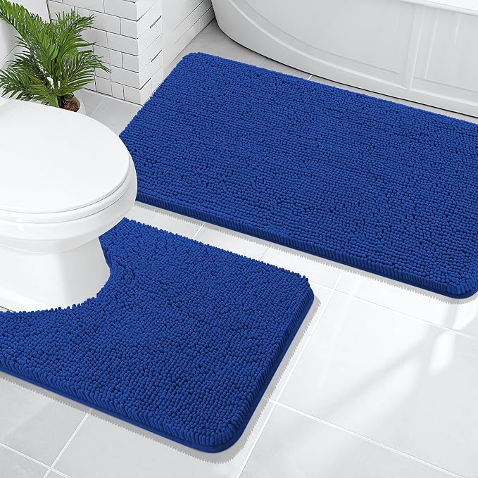 OLANLY Chenille Bathroom Rugs Mats Set 2 Piece, 47"x20"+24"x20", Royal Blue | Soft Absorbent Bath Mat and U-Shaped Contour Toilet Rug Set, Quick Dry, Machine Washable Bath Carpet, Home Decor Accessories