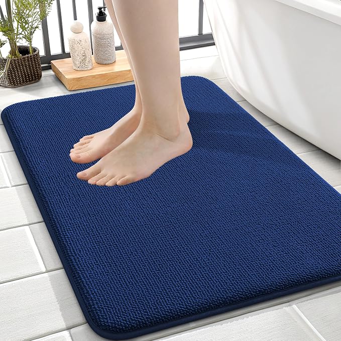 OLANLY Thick Memory Foam Small Bathroom Rug 24x16, Absorbent Bath Mat, Navy | Soft Quick Dry Bath Rugs, Non-Slip Carpet, Machine Washable Mat for Bathroom Floor, Tub and Shower, Home Decor Accessories