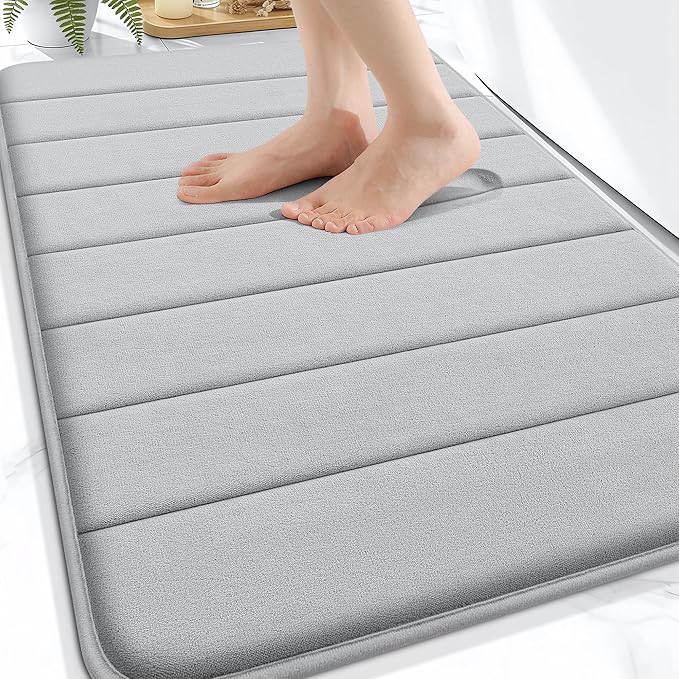 OLANLY Memory Foam Bath Mat 34x21, Super Soft and Absorbent Bathroom Rugs | Light Gray, Quick Dry Bath Rug, Machine Washable Shower Floor Mats, Bathmat Carpet for Bathroom Floor, Tub and Shower