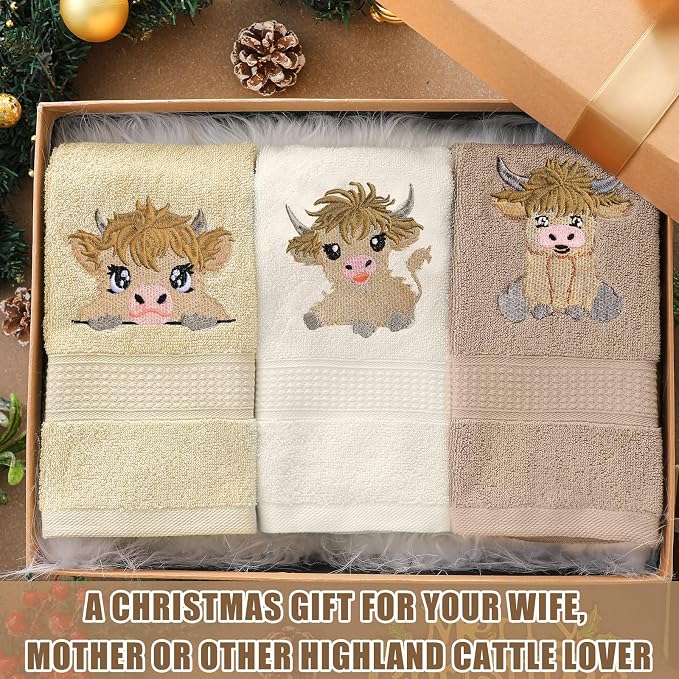 3 Pcs Mini Highland Cow Baby Hand Towels for Bathroom Kitchen Decor | Embroidered Calf Design, 100% Cotton, Farmhouse Bathroom Kitchen Decor, Absorbent Towels, Holiday Housewarming Gifts
