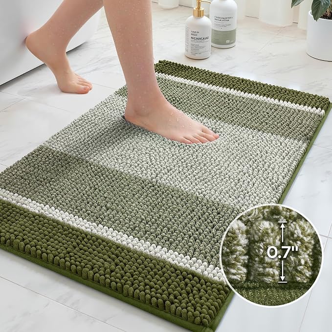 HOMEIDEAS Sage Green Bathroom Rugs Set, Striped Chenille, 20"x32"+17"x24" | Non Slip Absorbent Bath Mats, Fluffy Striped Chenille Soft Shaggy Bath Rugs for Bathroom Floor and Tub, Machine Washable