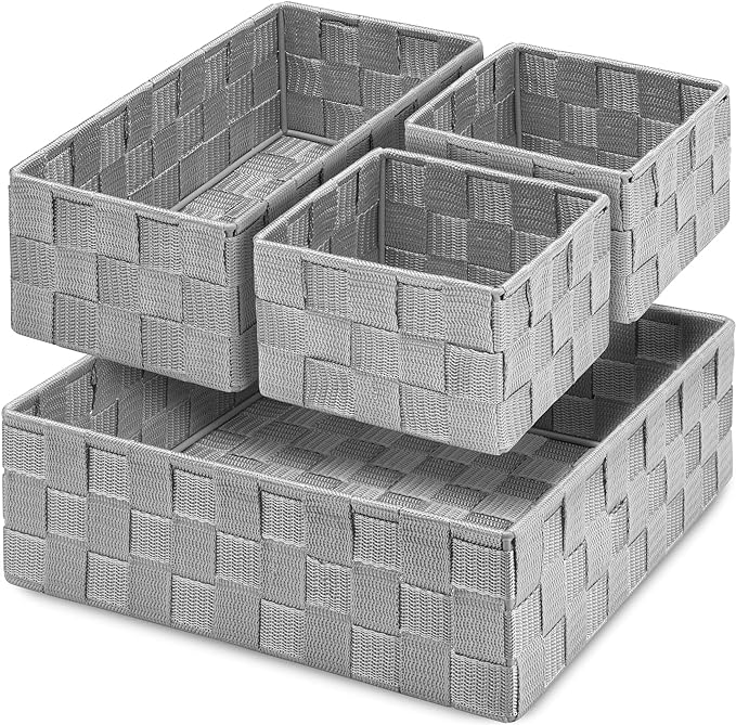 Posprica Drawer Organizer Bins,Woven Strap Storage Box Cube Basket Containers Divider for Organizing drawers, Shelves, Closets, Cabinets, Dressers and Countertops,set of 4, Light Grey
