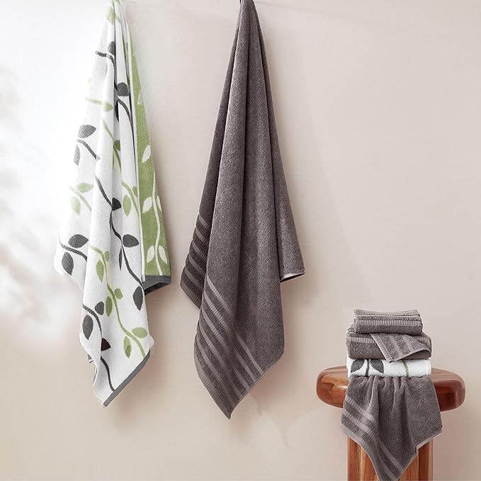 Modern Threads 6 Piece Bath Towel Set – Bathroom Set with 2 Bath Towels, 2 Hand Towels, and 2 Wash Cloths – 100% Cotton, Super Absorbent & Extra Soft – Reversible Natural Vine (Gray)
