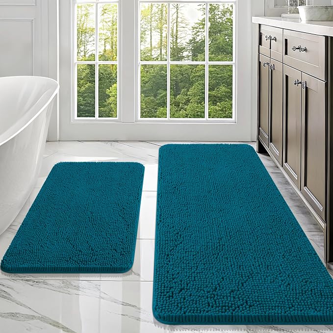 OLANLY Chenille Bathroom Rugs Sets 2 Piece, 47"x20"+30"x20", Peacock Blue | Ultra Soft Absorbent Bath Rugs Set, Rubber Backing Non-Slip, Quick Dry, Machine Washable Bath Carpet, Home Decor Accessories