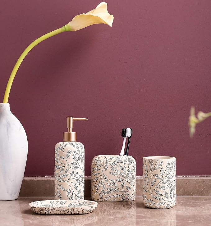 Hymmah Bathroom Accessories Set,Toothbrush Holder,Farmhouse Bathroom Decor,4 Pcs Resin Gift Set Apartment Necessities, Contain Toothbrush Cup,Soap Dispenser,Soap Dish,Tumbler