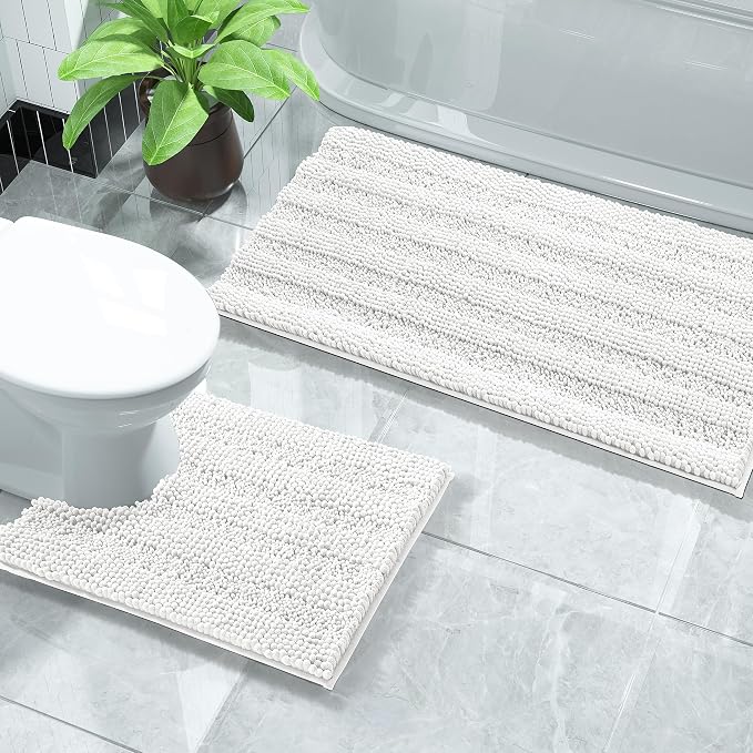 Yimobra U Shaped Toilet Rug Set, Absorbent Chenille, 32x20+24x20, White | Non Slip Machine Washable Quick Dry Bath Mat Set, Soft Plush Shower Rugs for Bathroom Floor Sink Tub and Shower Outside