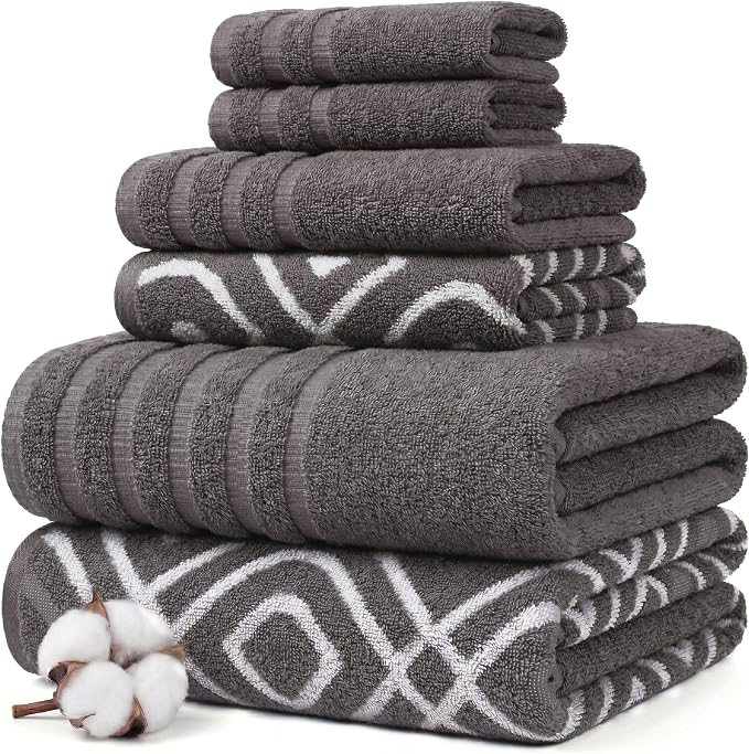 Modern Threads 6 Piece Bath Towel Set – Bathroom Set with 2 Bath Towels, 2 Hand Towels, and 2 Wash Cloths – 100% Cotton, Super Absorbent & Extra Soft – Reversible Classic Diamond (Gray)