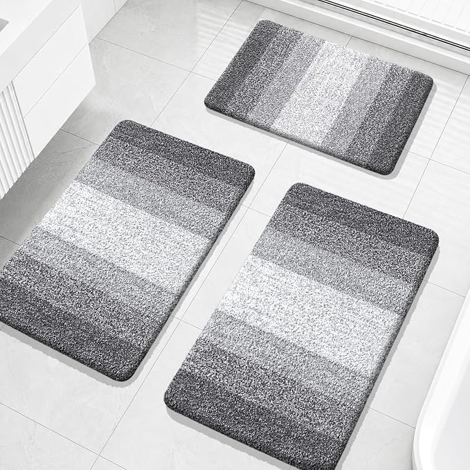 OLANLY Microfiber Bathroom Rugs Sets 3 Piece, 30"x20"+30"x20"+24"x16" | Grey, Soft Absorbent Bath Rug Set, Plush Shaggy Bath Mat Set for Bathroom