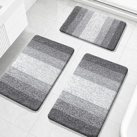 OLANLY Microfiber Bathroom Rugs Sets 3 Piece, 30"x20"+30"x20"+24"x16" | Grey, Soft Absorbent Bath Rug Set, Plush Shaggy Bath Mat Set for Bathroom