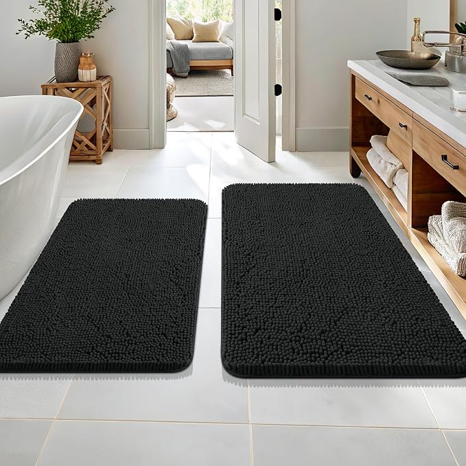 OLANLY Chenille Bathroom Rugs Mats Sets 2 Piece, 36"x24"+30"x20", Black | Ultra Soft Absorbent Bath Rugs Set, Rubber Backing Non-Slip, Quick Dry, Machine Washable Bath Carpet, Home Decor Accessories