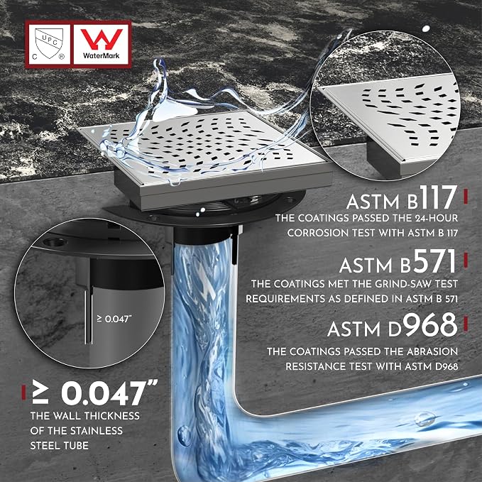 WEBANG 6 Inch Square Shower Drain Brushed Floor Drain with Flange Wave-Hole Pattern Cover Grate Removable SUS304 Stainless Steel Watermark&CUPC Certified Brushed