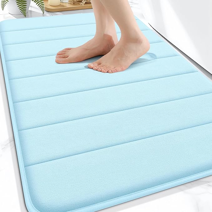 OLANLY Memory Foam Bath Mat 30x20, Super Soft and Absorbent Bathroom Rugs | Sky Blue, Quick Dry Bath Rug, Machine Washable Shower Floor Mats, Bathmat Carpet for Bathroom Floor, Tub and Shower